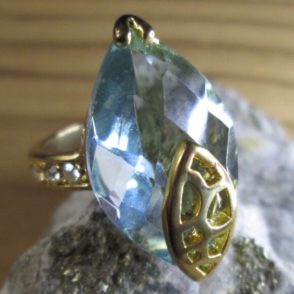 Large Sky Blue Marquise CZ Cocktail ring with Leaf Detail - Picture 1 of 9